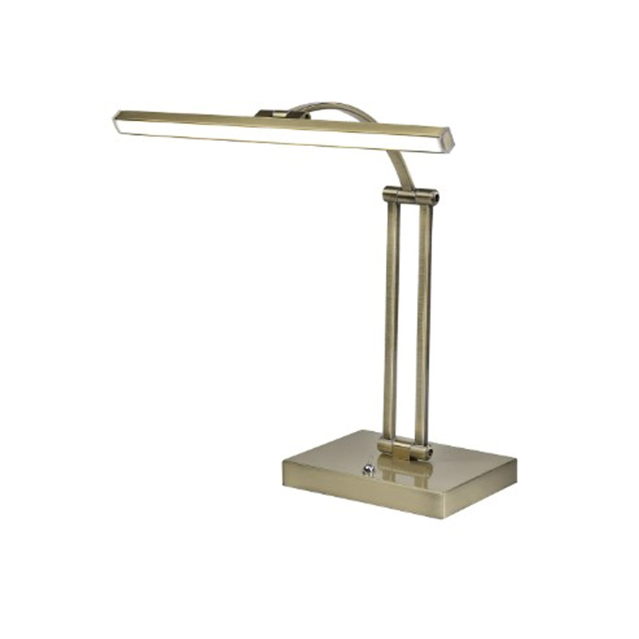 Slim arm, picture light style desk lamp with adjustable head, in antique brass. Dimensions: H:420 D:140 W:340 mm Intergrated bulb included Delivery: 4-6 days